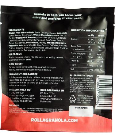Rollagranola - Energize Cappuccino Coffee & White Chocolate Oat Granola 10 x 40g Serving Gluten Free & All Natural Crunchy Adaptogenic Granola Nutritiously Nootropic Naturally Handcrafted In UK - Buy Online on GoSupps.com