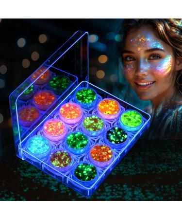 AOOWU Festival Face Glitter 12 Fluorescent Colors Gel Glitter Body Chunky Sequins for Hair Body Festival Accessories Gadget for Halloween Makeup Carnival C
