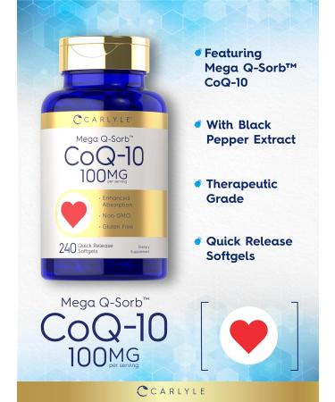 Carlyle CoQ10 100mg - 240 Softgels | Mega Q-Sorb Coenzyme Q-10 with Black Pepper Extract | Non-GMO & Gluten Free International Shipping Available - Buy Online on GoSupps.com