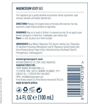 Wintergreen Magnesium Body Gel - 3.4 Fl Oz Pure Magnesium Oil & Arnica Oil | Pack of 1 - Buy Online on GoSupps.com