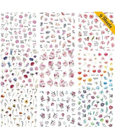 Baoximong 9 Sheets Flower Nail Art Stickers - Spring Floral 3D Self-Adhesive Decals for Women - Charming Daisy, Peony & Leaves Design - Buy Online on GoSupps.com