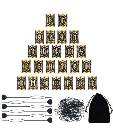 24 Pieces Hair Beard Beads Braiding Beads Norse Viking Beads  6 Pieces Pull Hair Pin Quick Beader and 160 Pieces Black Rubber Bands with Pouch for Bracelets Necklace Pendant (Gold)