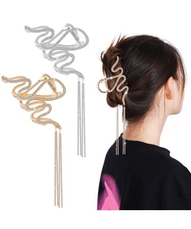 hoyuwak 2Pcs Large Metal Hair Claw Clips Snake Rhinestone Hair Accessories with Tassel Chain for Women Girls Thick Hair Fine Hair(Silver  Gold  Non-slip Grip)