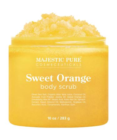Majestic Pure Sweet Orange Body Scrub for All Natural Skin Care - Exfoliating Multi Purpose Body and Facial Scrub Moisturizes and Nourishes Face and Skin - 10 oz - Great Gift for Her