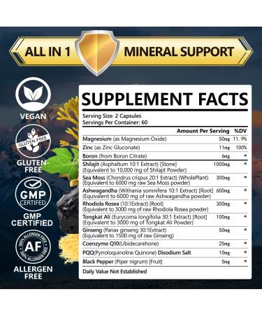 Shilajit for Men & Women Supplement 12-in-1 - Himalayan shilajit with Ashwagandha Sea Moss Tongkat Ali Magnesium Boron and 85+ Trace Minerals Fulvic Acid - 120 Organic Shilajit Capsules 120 Count (Pack of 1) - Buy Online on GoSupps.com