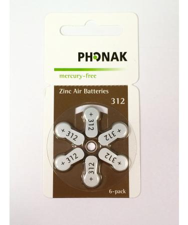 Phonak Mercury Free Size 312 Zinc Air Hearing Aid Batteries (60 Batteries) 6 Count (Pack of 10)
