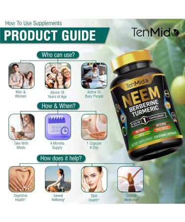 Tenmido Neem Leaf Supplement - 8in1 Formula - Combine with Berberine Turmeric Holy Basil Amla Artichoke Milk Thistle and Black Pepper - Immune Support - 120 Capsules for 4 Months Supply - Buy Online on GoSupps.com