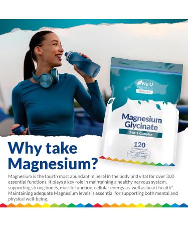 Magnesium Glycinate 3-in-1 Complex 1813mg - 120 Vegan Capsules - Triple High Absorption Bisglycinate Citrate & Malate - 384mg Elemental Mag per Serving - Made in The UK - Nu U Nutrition - Buy Online on GoSupps.com