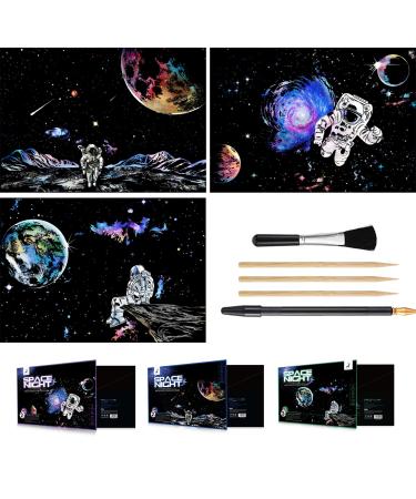 Scratch & Engraving Art Paper(16"x 11.2") for Kids & Adult, Rainbow Sketch Cosmos Astronaut Starry Sky Painting Scratchboard, Craft Kits: 3 Pack with 5 Tools - Drawing Pens, Clean Brush(Space Series)