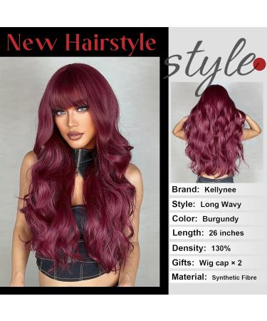 Kellynee Burgundy Wine Red Long Wavy Wig with Bangs - Stylish Heat Resistant Synthetic Hair for Daily Wear and Special Occasions - Buy Online on GoSupps.com