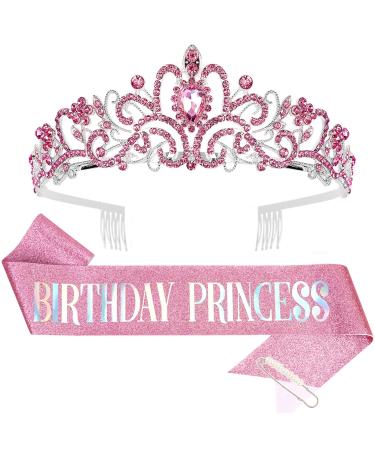 CIEHER Princess Crown and Birthday Sash Set  Pink Birthday Crown Birthday Girl Crown Rose Gold Birthday Tiara for Women Birthday Princess Crown for Women Birthday Decorations for Girls Birthday Crown and Sash for Girls R...