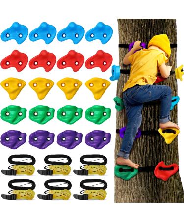 NAQIER 20 Ninja Tree Climbing Holds and 6 Sturdy Ratchet Straps for Kids Tree Climbing Climbing Rocks for Outdoor Ninja Warrior Obstacle Course Training
