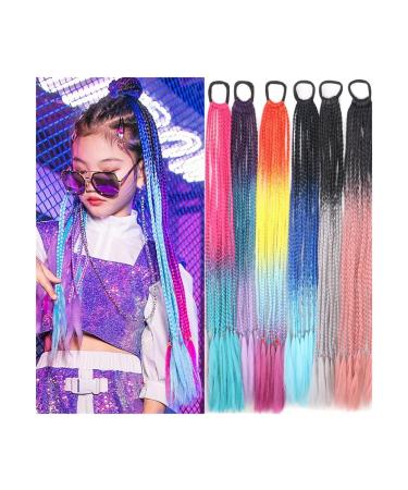 Human Hair Ponytail Hair Piece 24" Colored Braids Ponytail Extensions with Elastic Hair Tie 12 Strands Rainbow Braided Synthetic Ponytail Hairpieces for Women Girls Ponytail Hairpiece for Women(Col 24inches C26