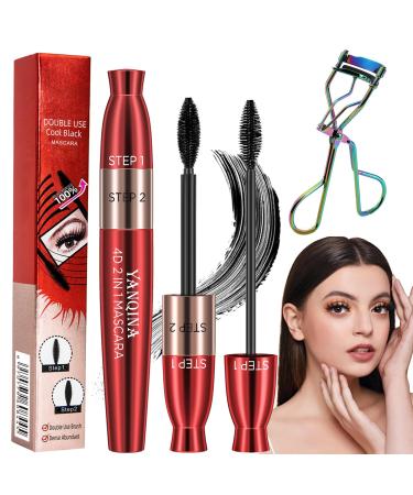HONGJIANV 4D Lengthening Curling Mascara 4D Black Waterproof Silk Fiber Lash Mascara 2 in1 5x Longer Waterproof Mascara 2 In 1 Black Mascara Double Headed 2 Effect (1PC)