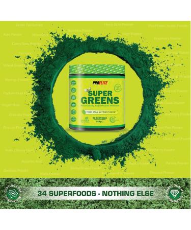 PRO-ELITE Super Greens Powder - 34 Superfoods Powder - 250g 50 Servings - Vitamin & Mineral Rich Formula - No Artificial Ingredients - Vegan & Vegetarian Friendly - GMO & Gluten Free - Made in The UK - Buy Online on GoSupps.com