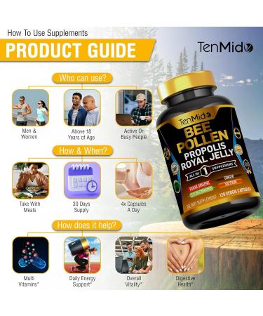 Tenmido Bee Pollen Capsules Supplement - 7in1 Formula - Combine with Propolis Royal Jelly Panax Ginseng Ceylon Cinnamon Ginger and Saffron - Digestive Health Immune Support - 120 Capsules - Buy Online on GoSupps.com