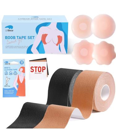 2 Pack Boob Tape - Breast Lift Tape, Body Tape for Breast Lift w 2 Pairs Silicone Breast Petals Reusable Adhesive Bra & 50 PCS Double Sided Tape, Bob Tape for Large Breasts A-G Cup, Black&Nude