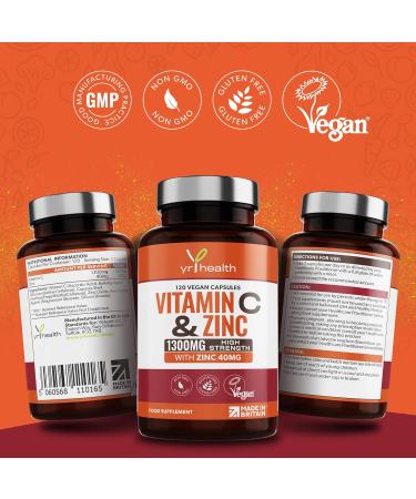 High Strength Vitamin C 1300mg and Zinc 40mg - 120 Vegan Capsules - Made in UK - Immune System Support - Buy Online on GoSupps.com