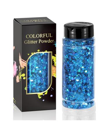Holographic Chunky Glitter Blue 3.5oz(100g), Chunky Sequins & Fine Glitter Powder Mix, Craft Glitter for Nail Sequins Iridescent Flakes, Slime, Body, Face, Hair, Epoxy Resin, Festival Decor