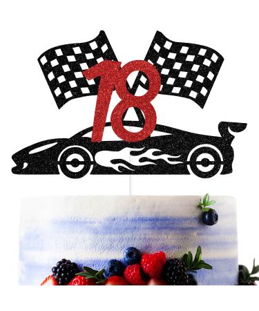 Sriburcio Black Glitter Race Car 18 Cake Topper Happy 18th Birthday/Cheer to 18 Years Race Car Themed 18th Birthday Party Decorations