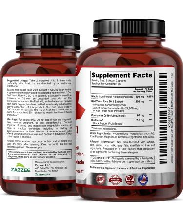Zazzee Extra Strength Red Yeast Rice 10:1 Extract Capsules - 1200mg, Citrinin Free - 200 Vegan Capsules - Supports Cardiovascular Health - Buy Online on GoSupps.com