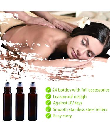 24 Pack Inice Roller Bottles for Aromatherapy Essential Oils - Amber Glass 10ml Refillable Containers with Accessories and Roller Ball - Buy Online on GoSupps.com