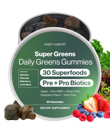 Habit + Habitat Daily Greens Plus Gummies - Superfood Blend with Chlorella, Spirulina, Beetroot, Lion s Mane, Ashwagandha & Reishi for Energy, Stress Relief & Wellness - Raspberry Flavored - 60 Count
