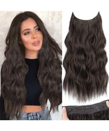 KooKaStyle Invisible Wire Hair Extensions with Transparent Wire Adjustable Size 4 Secure Clips Long Wavy Secret Hairpiece 20 Inch Dark Brown for Women