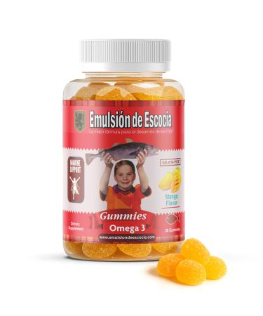Emulsi n de Escocia Omega 3 Gummies for Kids with Vitamins A D3 Folic Acid + Zinc Iron & Calcium Mango Flavor with No Fishy Aftertaste Immune & Liver Support 30 Gummies | 1-Pack