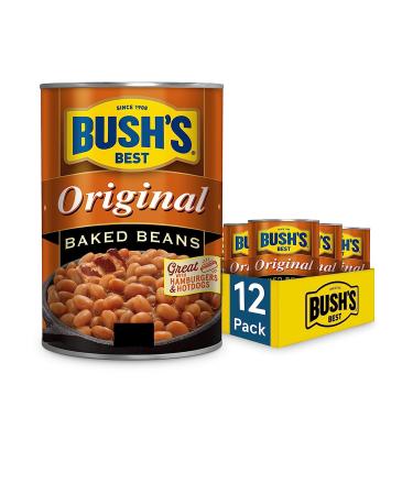 BUSH'S BEST Canned Original Baked Beans (Pack of 12), Source of Plant Based Protein and Fiber, Low Fat, Gluten Free, 16 oz