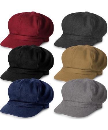 6 Pieces Women Newsboy Cap Warm Wool Visor Beret Hats Soft Newsboy Hats for Women Vintage Baker Boy Hat for Women Girls Elegant Color
