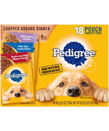 PEDIGREE Chopped Ground Dinner Adult Wet Dog Food, 3.5 oz. Pouches Variety: Chicken, Beef, Filet Mignon 3.5 Ounce (Pack of 18)