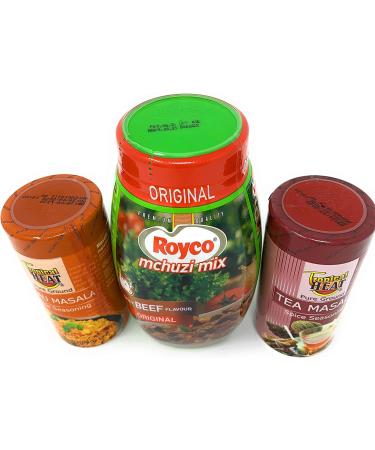 Bundle of 3 Aromatic & Flavored Spices: Tropical Heat Pilau Masala, Royco Spicy Beef Flavor, Kenyan Tea Masala - Enhance Your Foods & Teas with Extra Taste and Aroma - Buy Online on GoSupps.com