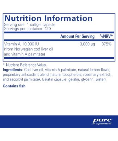 Pure Encapsulations Vitamin A 10,000 IU Cod Liver Oil 120 Softgels - Skin, Vision & Immune Support - Buy Online on GoSupps.com