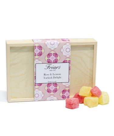 Friars Rose and Lemon Turkish Delight Gift Box - 430g | Made in Turkey | Ornate Wooden Presentation Box | Dusting of Icing Sugar | Aromatic & Decadent Treat | For Gifting Weddings Parties Rose & Lemon Turkish Delight Gift Box