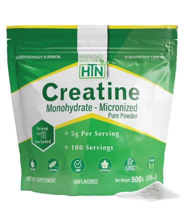 Health Thru Nutrition Creatine Monohydrate Micronized Powder 500g Pure Unflavored 5g Per Scoop Workout Support Muscle Fuel and Recovery Bulk Supplement | Non-GMO Vegan