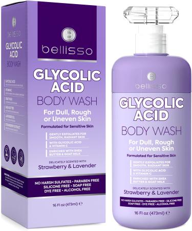 BELLISSO Glycolic Acid Body Wash - Exfoliating AHA Liquid Soap for Rough and Bumpy Skin - Gentle Exfoliant - Bump and Lump Eraser Formula - 16 Fl Oz