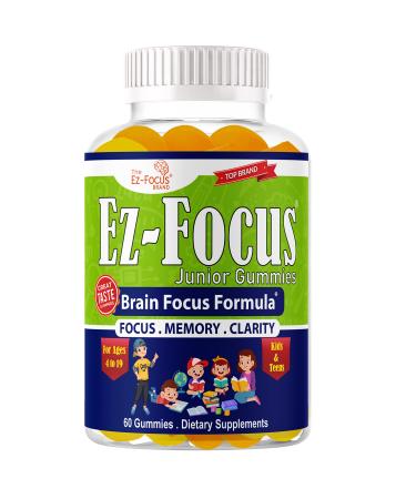 Ez-Focus Junior Brain Vitamins & Memory Supplements for Kids & Teens Focus Supplements Support Memory Attention Focus & Clarity Tasty 60 Chewable Gummies