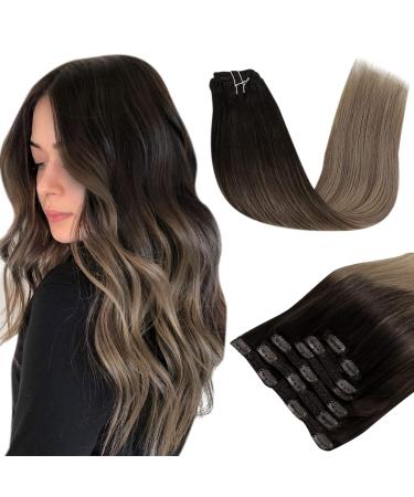 Runature Remy Extensions Clip in real hair ombre dark brown to medium brown and ashblond clip in extensions real hair smooth clip in hair recovery real hair 120g 50cm #2/6/18 50cm-7Pcs #2/6/18