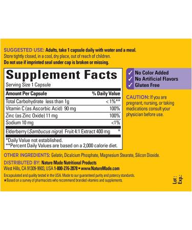Nature Made Elderberry 400 mg Extract with Vitamin C and Zinc - Immune Support Supplement - 60 Capsules - Buy Online on GoSupps.com