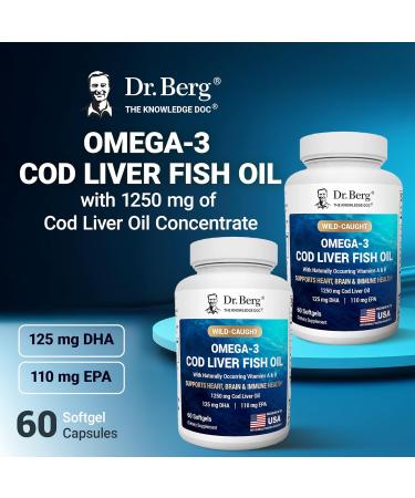 Dr. Berg Omega 3 Cod Liver Fish Oil 1250 mg from Wild Caught Cod for Women & Men EPA DHA atty Acid Supplement 60 Softgels - Buy Online on GoSupps.com