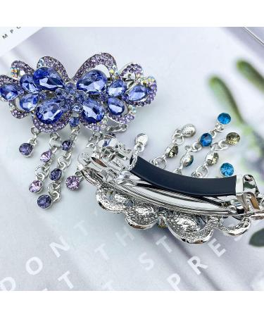 2 Pcs Butterfly Flower Tassel Hair Barrettes | Large Rhinestone Hair Clip Set | Vintage Crystal Sparkly Hair Clasps | Blue Purple Hair Accessories for Women - Buy Online on GoSupps.com
