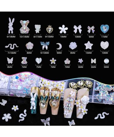 3D Acrylic Nail Charms Kit - Flower Butterfly & Gummy Bear Jewelry | Heart Shaped Flatback Rhinestones | Nail Art Decor with Picker Tools (24 Grids White - Buy Online on GoSupps.com