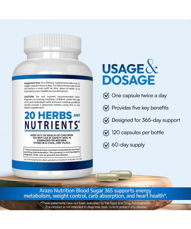 Arazo Nutrition Blood Sugar 365 Supplement Supports Healthy Energy Levels - 120 Herbal Pills - 60 Day Supply 120 Count (Pack of 1) - Buy Online on GoSupps.com