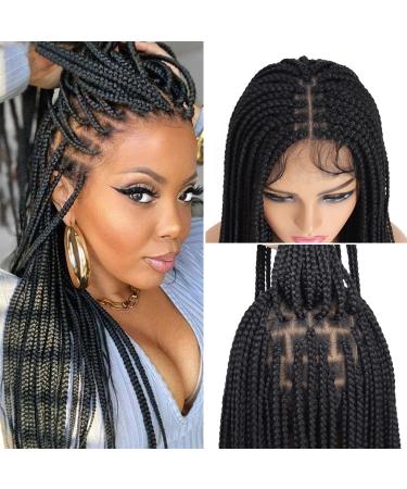 bismanhair Braided Wigs for Black Women 360 Full Lace Box Braid Wig with Baby Hair Synthetic Lace Front Wig Handmade Cornrow Wig Lightweight Heat Resistant Twist Braids Wigs Natural Black