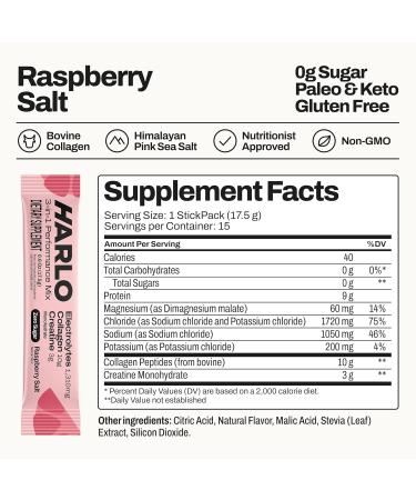 Harlo Electrolytes Powder Stick Packs 3-in-1 High Sodium Hydration for Intense Training | with Creatine & Collagen | Zero Sugar | Salty by Design | Raspberry Salt (15 Stick Packs) - Buy Online on GoSupps.com