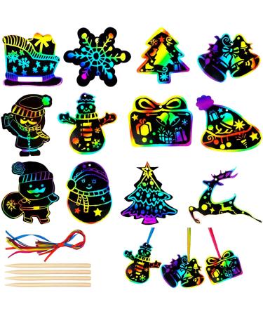 HLARTNET Christmas Scratch Paper - Scratch Art Christmas Crafts for Kids Magic Rainbow Scratch Paper Art Gift Tags Hanging Art Craft Supplies for Christmas Tree Ornaments