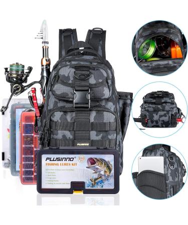 PLUSINNO Fishing Backpack Tackle Bag with Rod Holder - Water-Resistant, Ideal Fishing Gifts for Men - Large Black Camo (16.5*10.5*5.5inch) - Buy Online on GoSupps.com