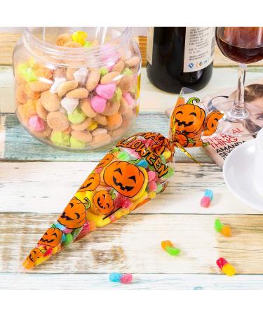 VDL Pack of 100 Halloween Sweet Cones Pumpkin themed Clear Treat Bags with Twist Ties (16x30cm) - Buy Online on GoSupps.com