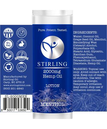 STIRLING Menthol Lotion 5 Fl oz - Cooling Menthol & Hemp Oil, 2000mg - Maximum Strength Pain Relief for Joints - Instant Results with Aloe Vera - Buy Online on GoSupps.com